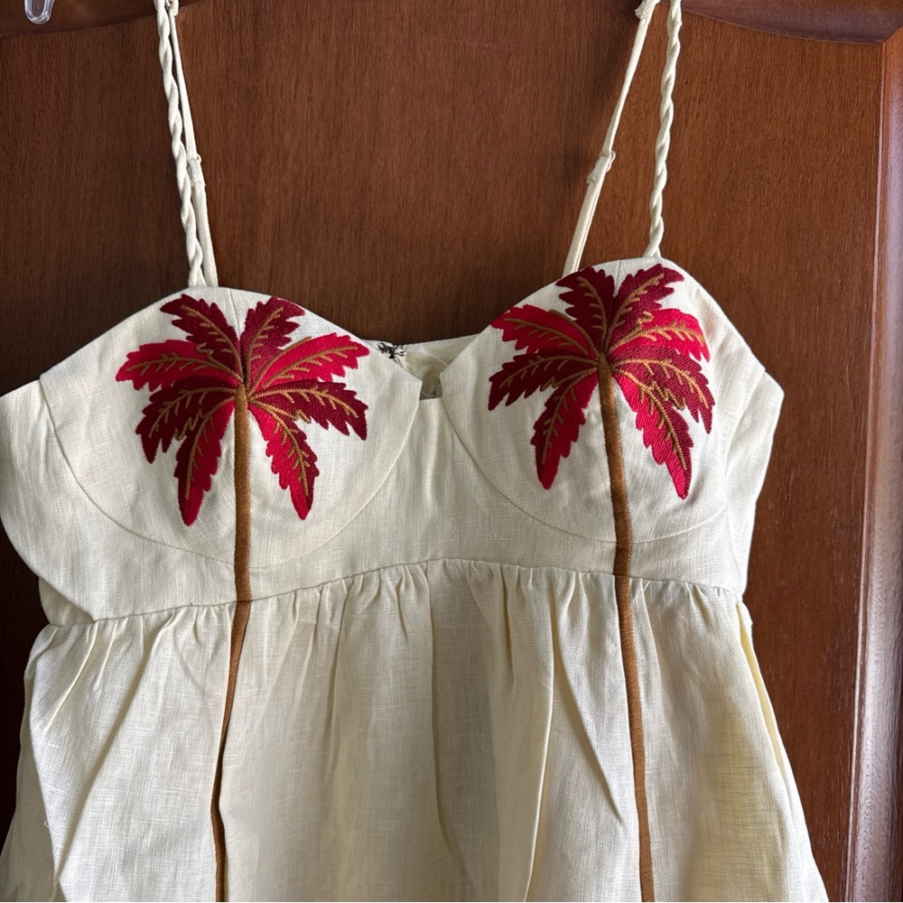NWT Farm Rio Babydoll Palm Tree Mini Linen Cream Dress M - Picture 8 of 9
